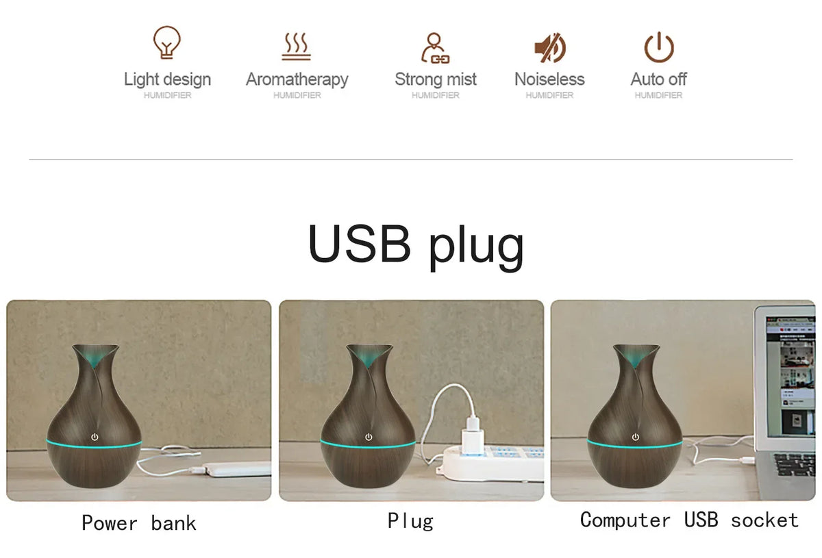 Wood Accent Compact Desk & Bedroom Essential Diffuser (USB)
